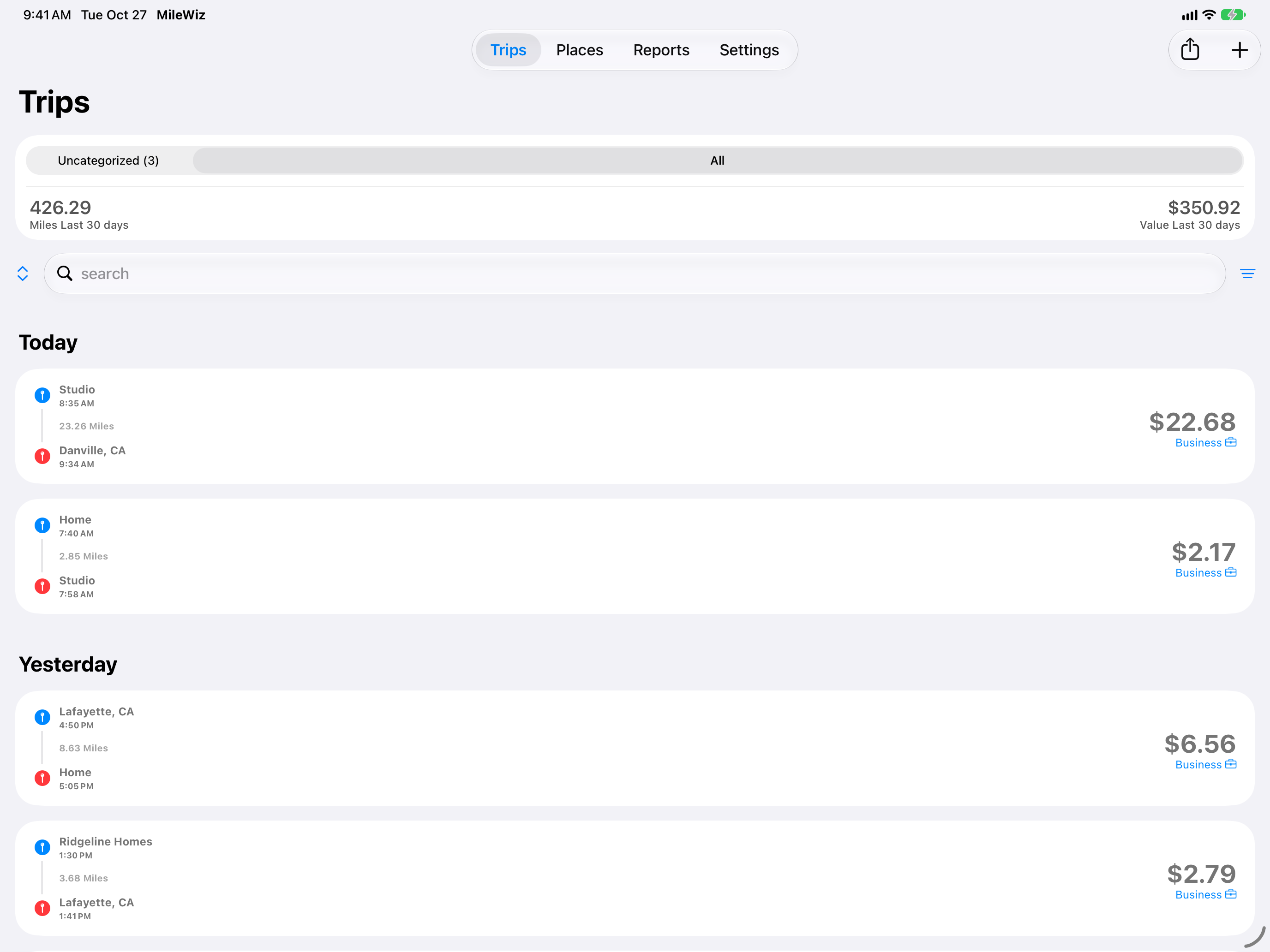 MileWiz trips list on iPad in landscape, sample data
