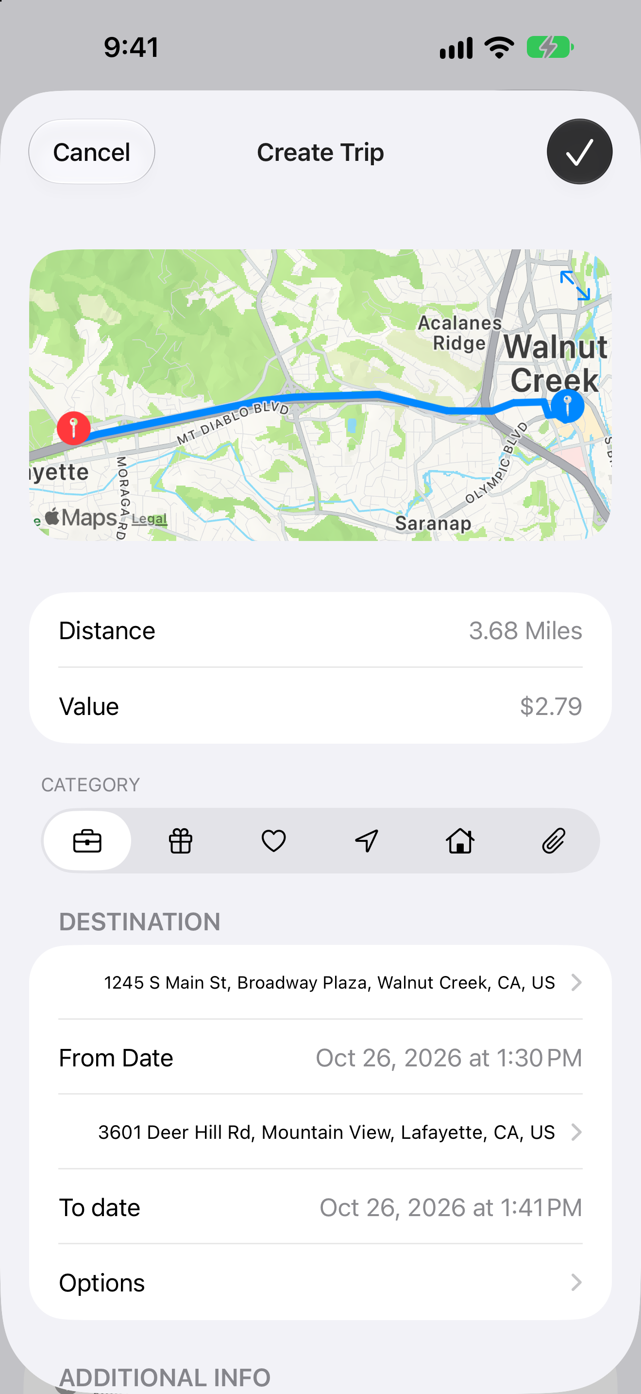 MileWiz add a trip, sample data