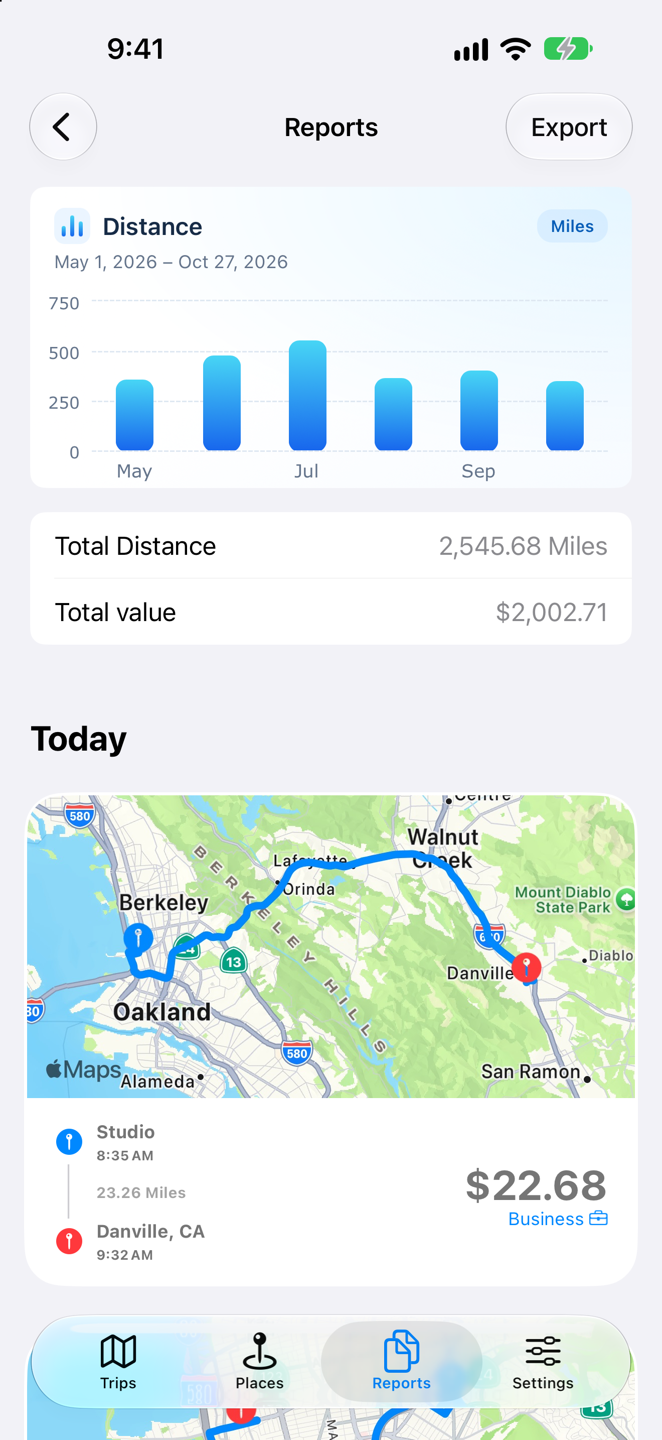 MileWiz reports screen on iPhone, sample data
