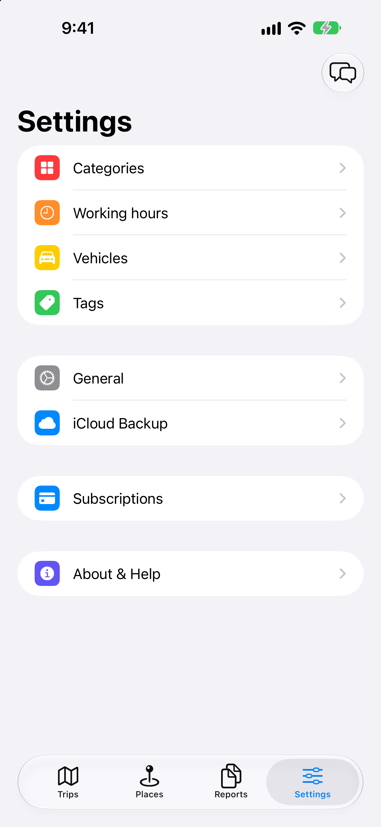 MileWiz settings on iPhone, sample data