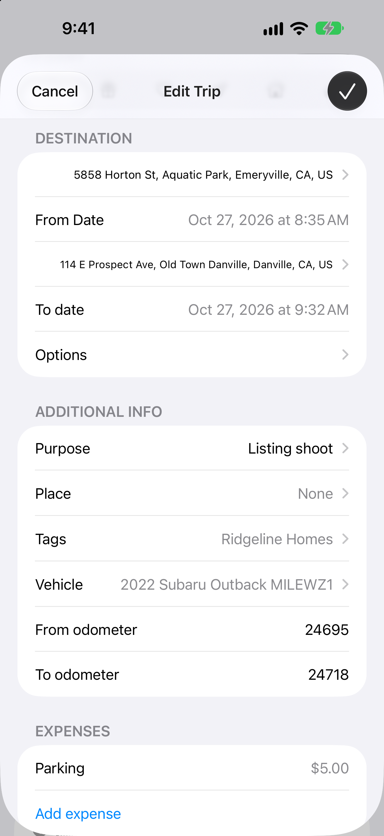 MileWiz trip details on iPhone, sample data