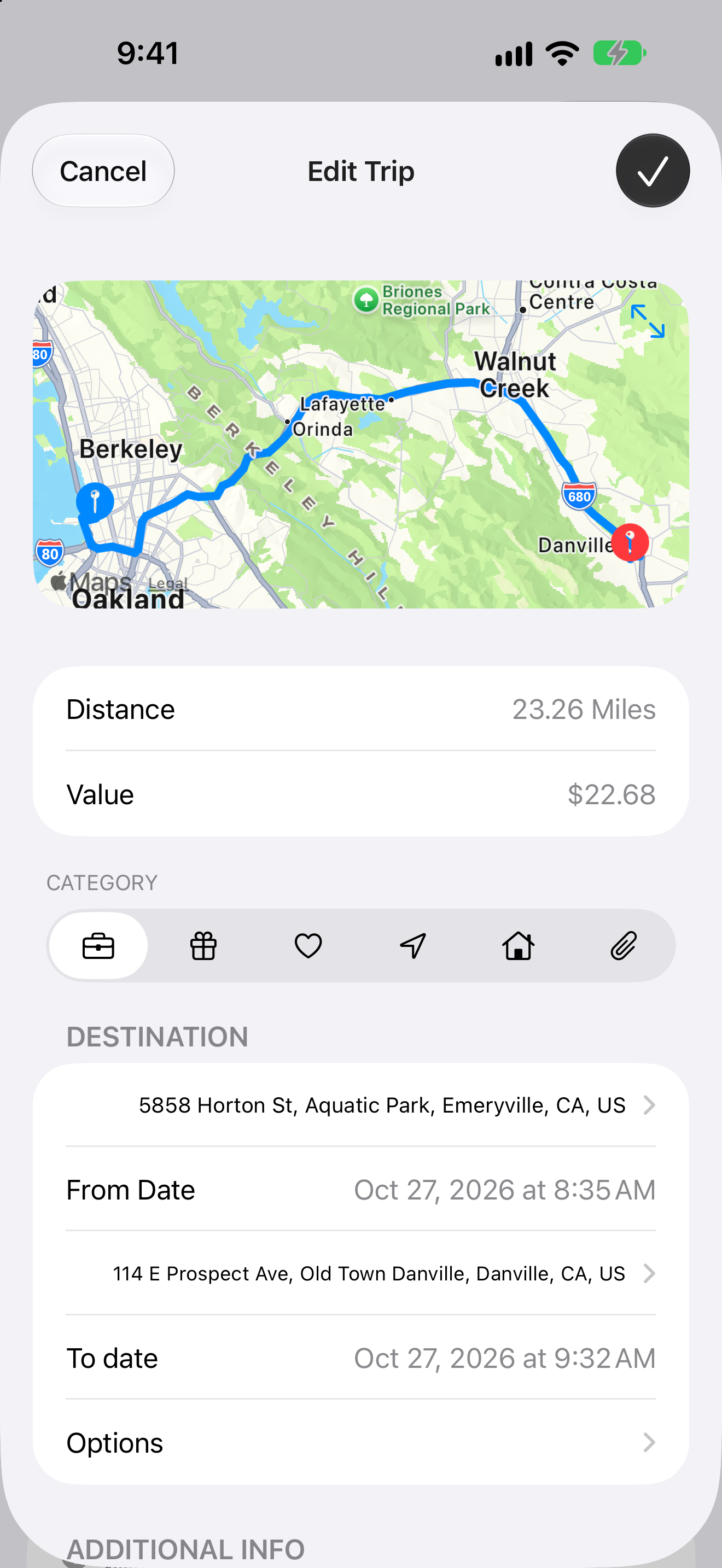 MileWiz trip details screen on iPhone, sample data
