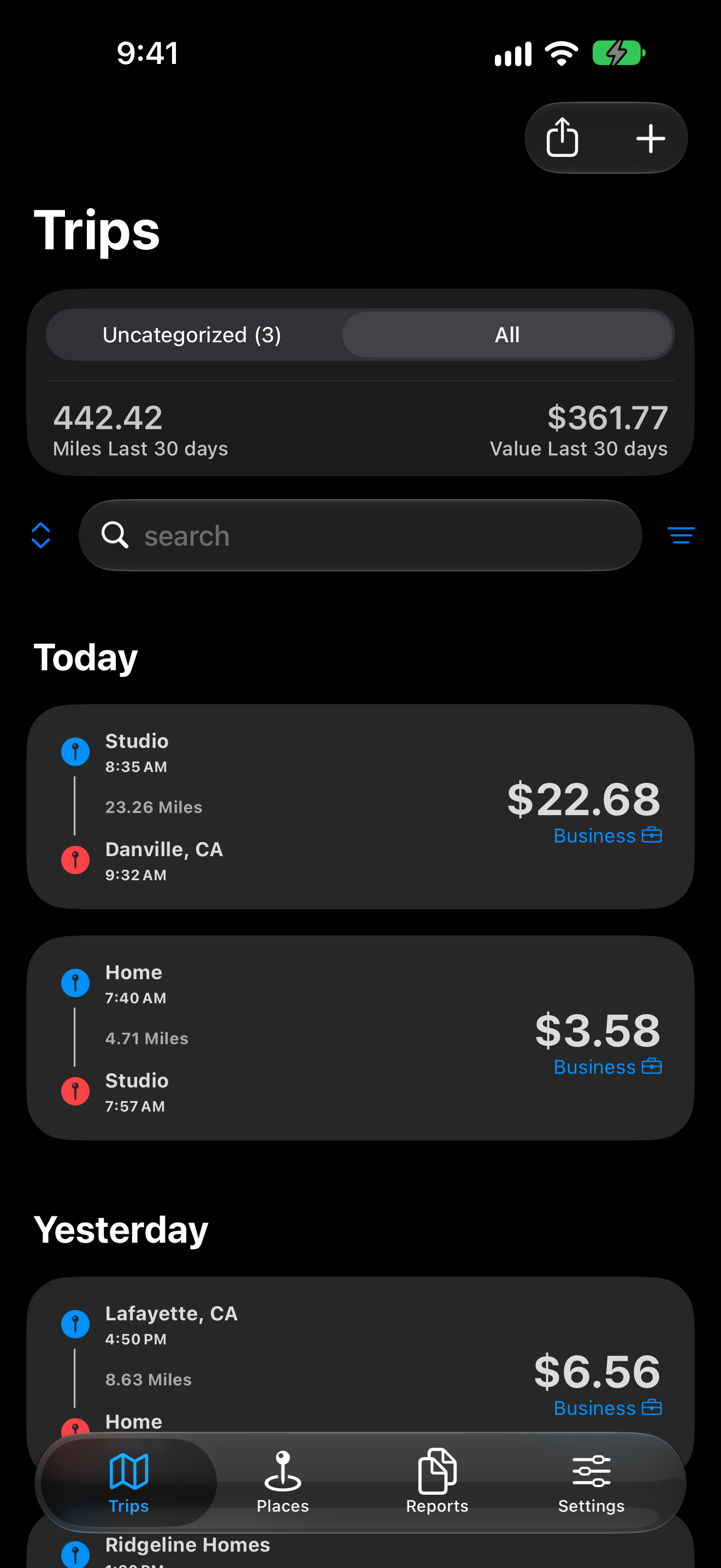 MileWiz trips list in dark appearance, sample data