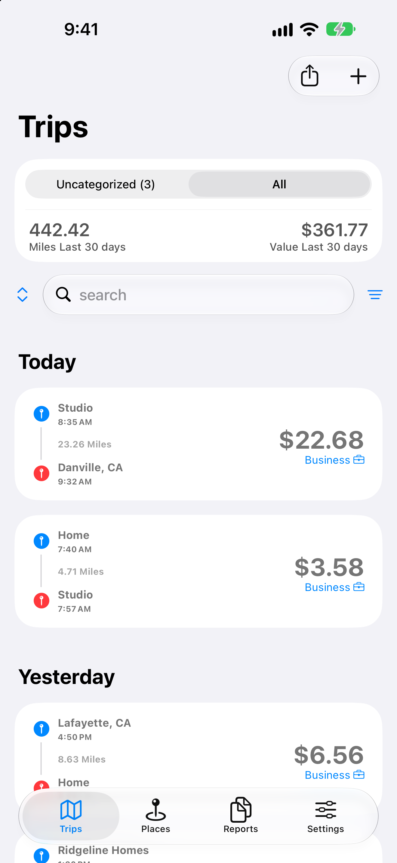 MileWiz trips list with trip values, sample data