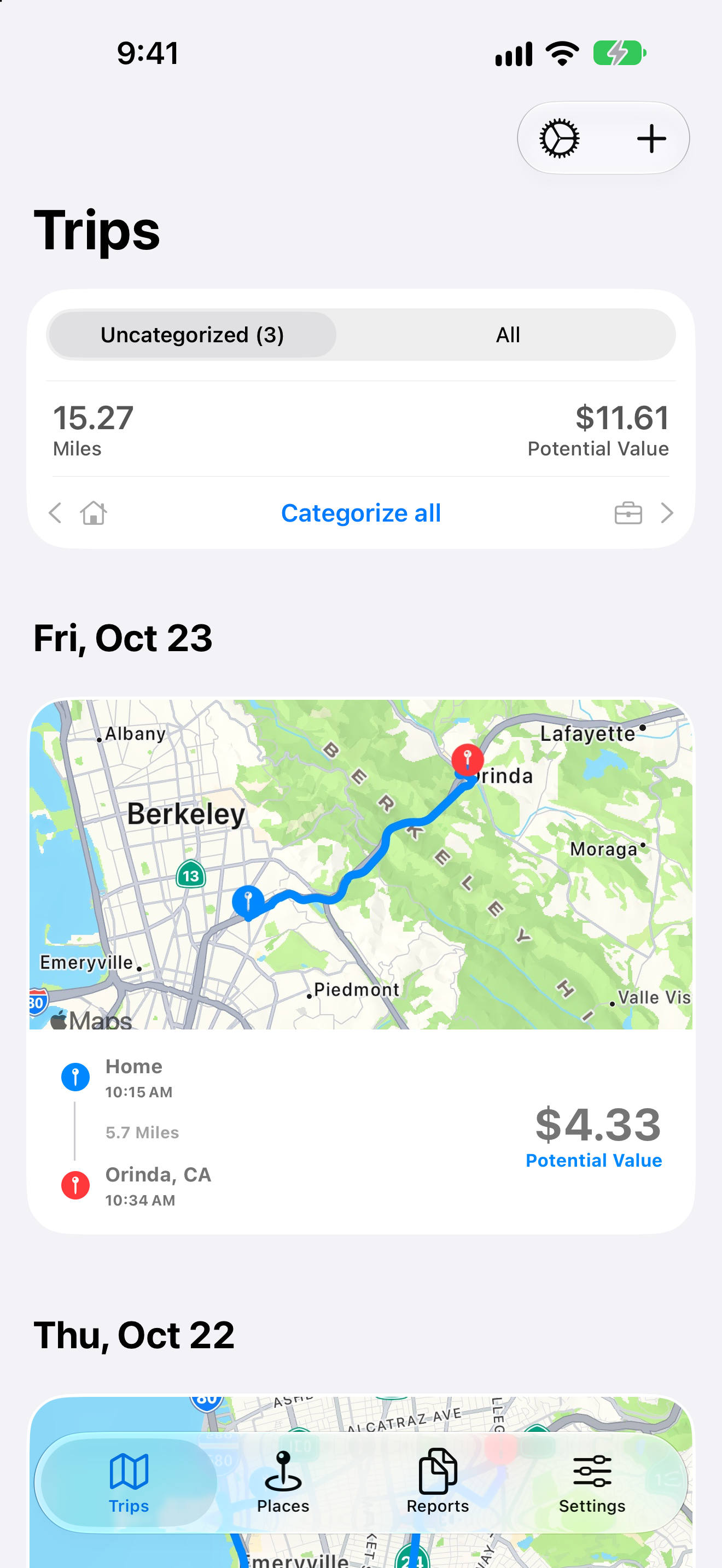 MileWiz swipe screen on iPhone, sample data